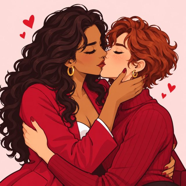 Illustrated couple sharing a gentle kiss on the lips