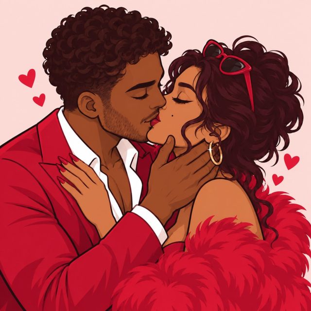 Illustrated couple sharing a gentle kiss on the lips