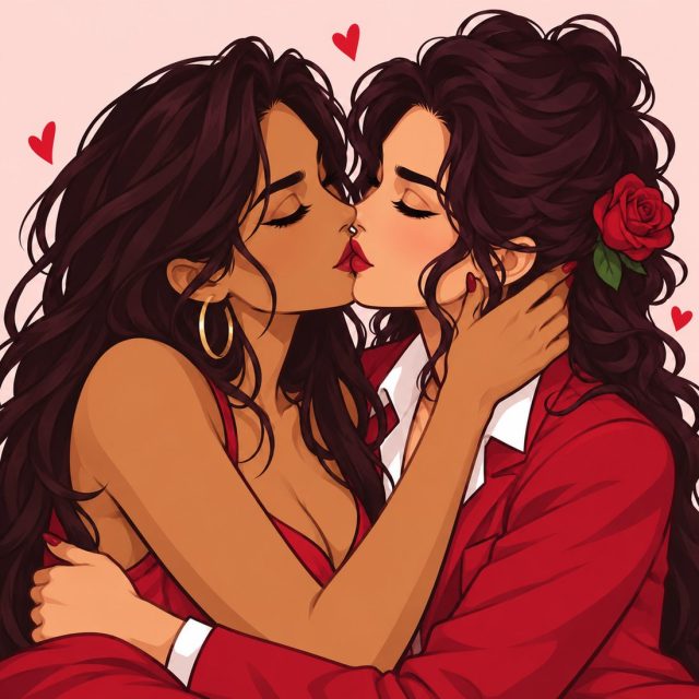 Illustrated couple sharing a gentle kiss on the lips
