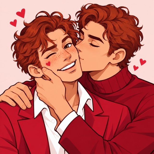 Illustrated couple sharing a kiss on the cheek