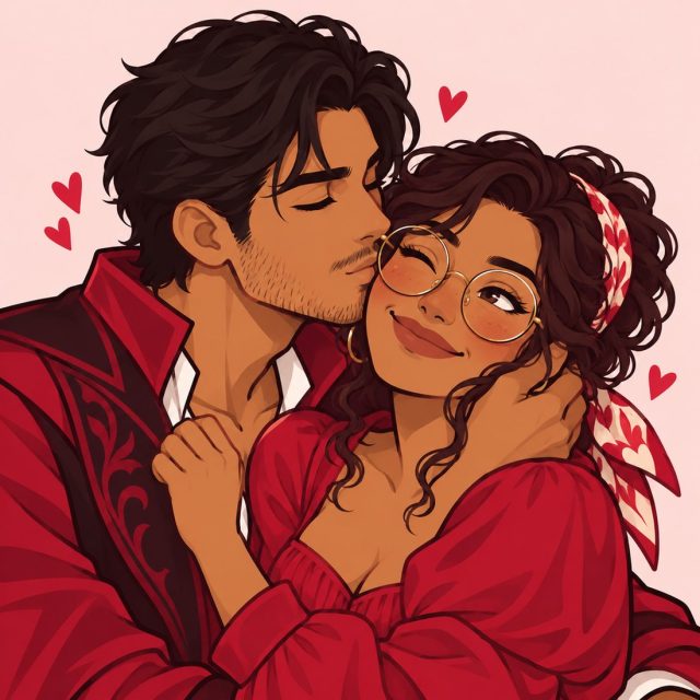 Illustrated couple sharing a kiss on the cheek