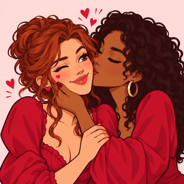 Illustrated couple sharing a kiss on the cheek