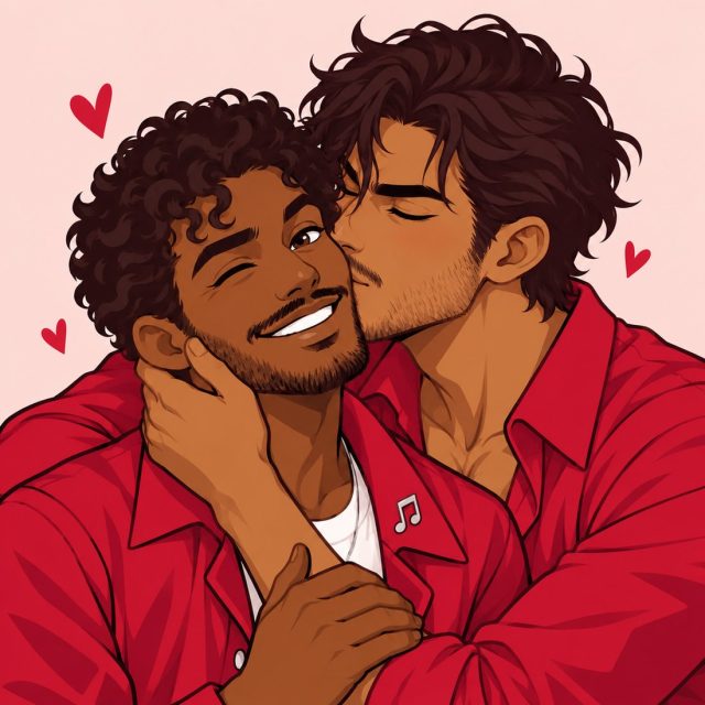 Illustrated couple sharing a kiss on the cheek