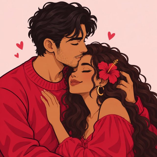 Illustrated couple sharing a kiss on the forehead