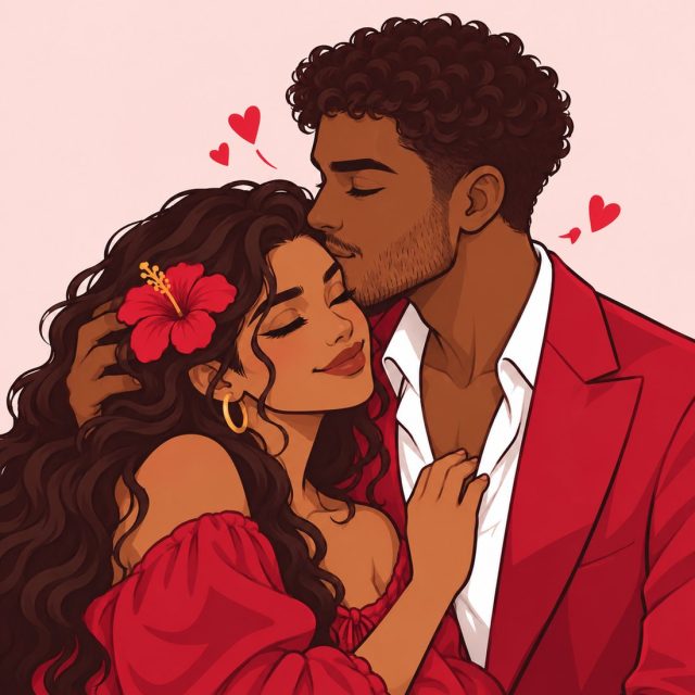 Illustrated couple sharing a kiss on the forehead