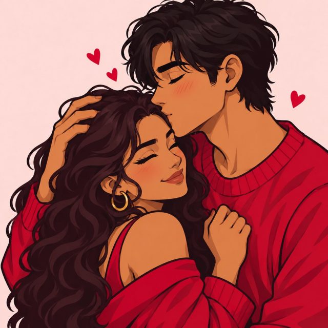 Illustrated couple sharing a kiss on the forehead