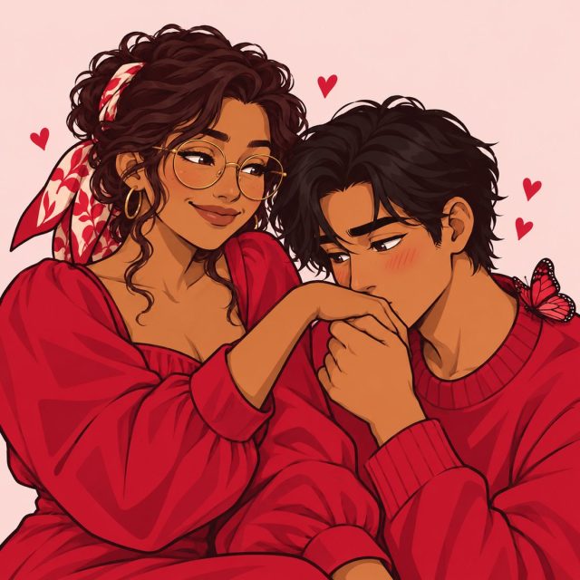 Illustrated couple sharing a kiss on the hand