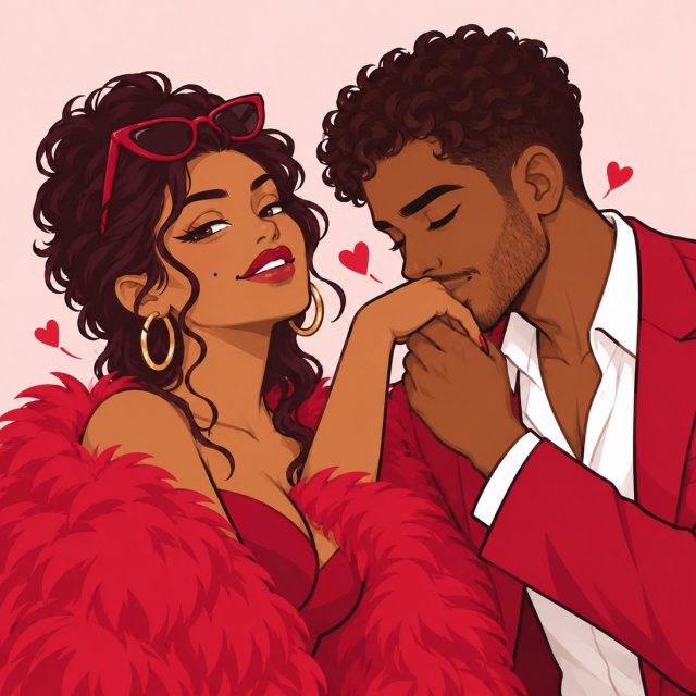 Illustrated couple sharing a kiss on the hand