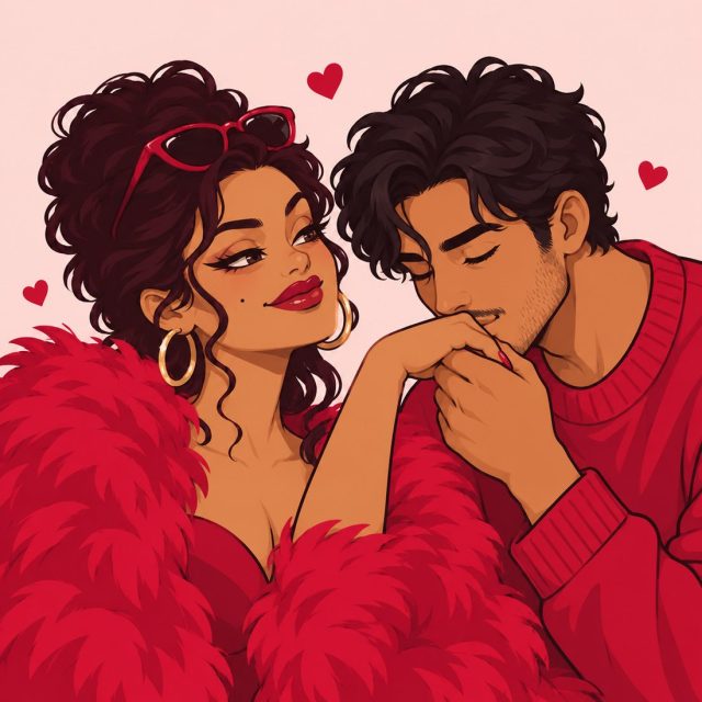 Illustrated couple sharing a kiss on the hand