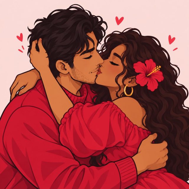 Illustrated couple sharing a kiss as they reunite
