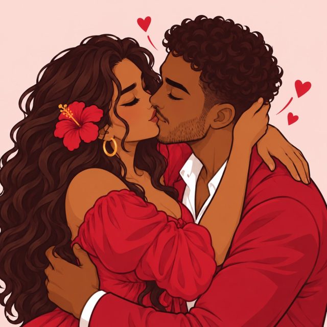 Illustrated couple sharing a kiss as they reunite