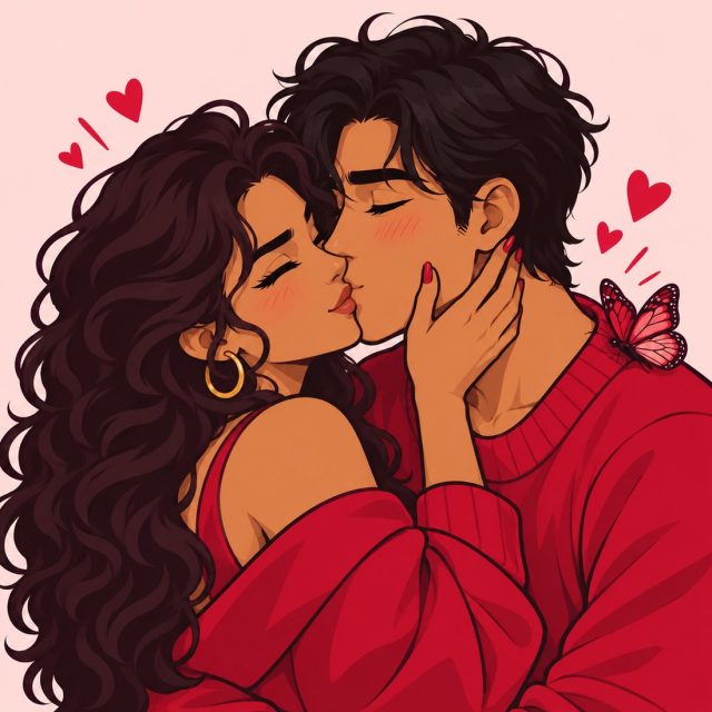 Illustrated couple sharing a shy first kiss