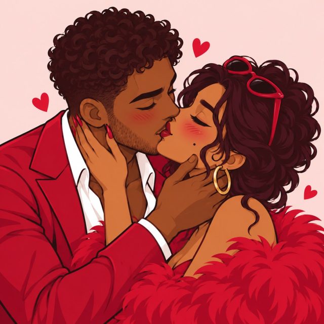 Illustrated couple sharing a shy first kiss