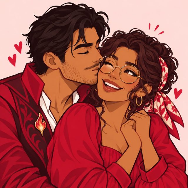 Illustrated couple sharing a playful kiss on the cheek