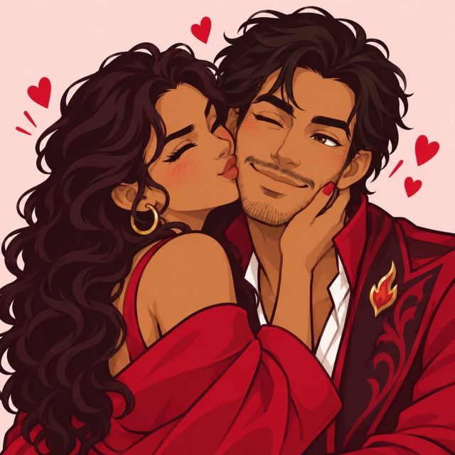 Illustrated couple sharing a playful kiss on the cheek