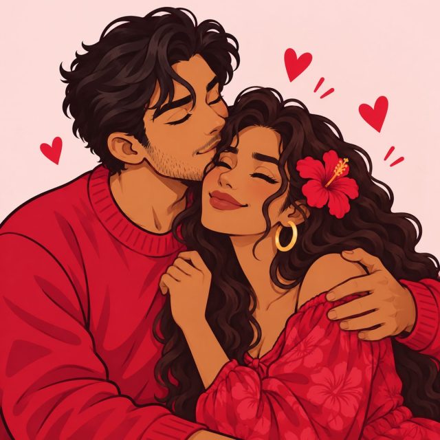 Illustrated couple sharing a kiss on the temple