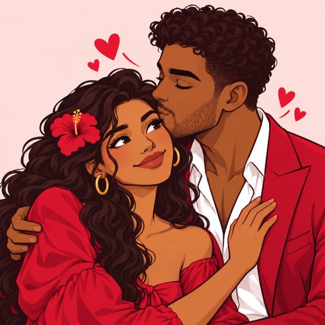 Illustrated couple sharing a kiss on the temple