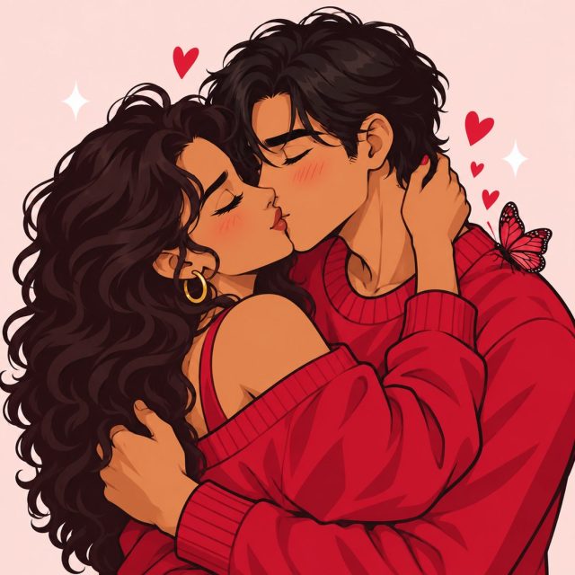 Illustrated couple sharing a kiss while slow dancing