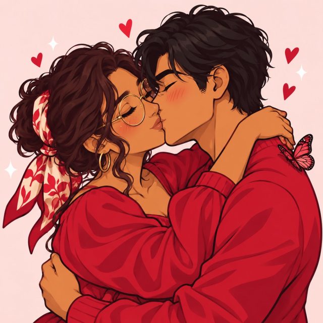 Illustrated couple sharing a kiss while slow dancing