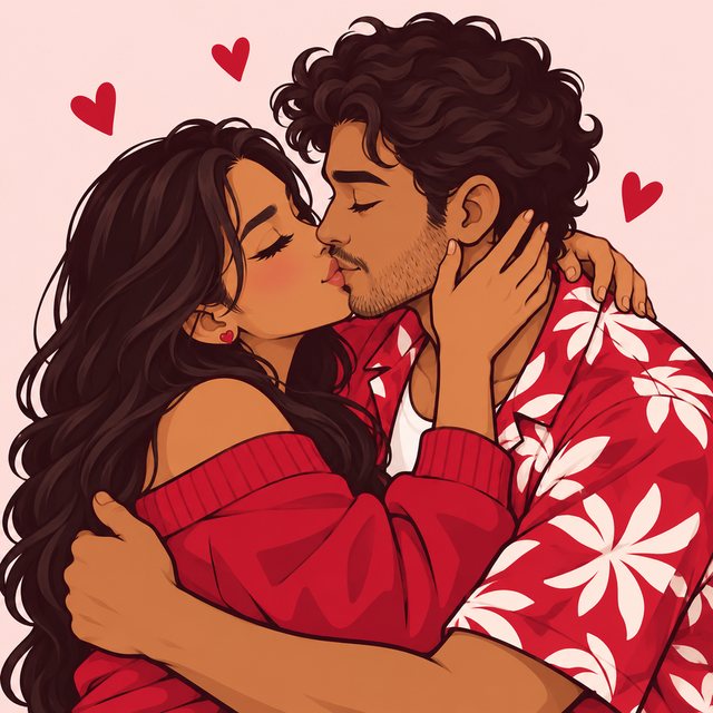 Illustrated couple sharing a kiss