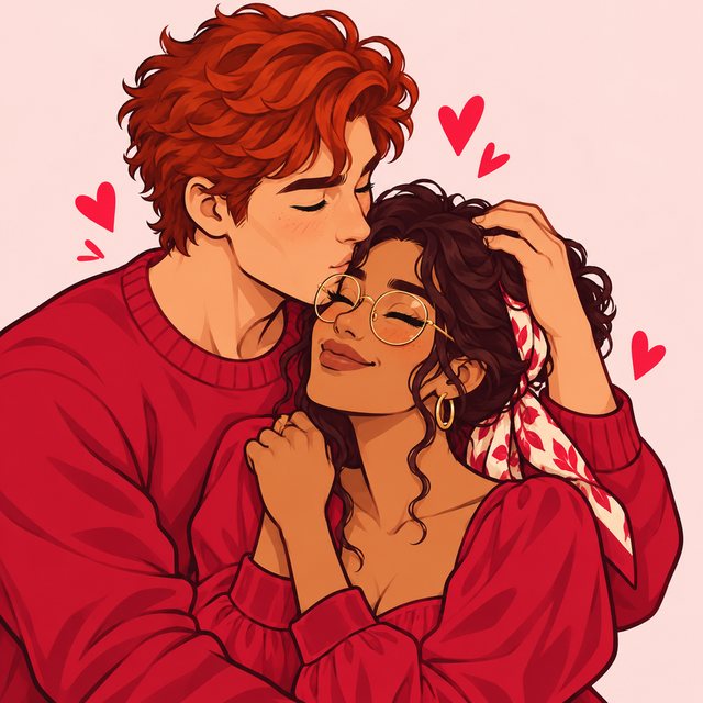 Illustrated couple sharing a kiss