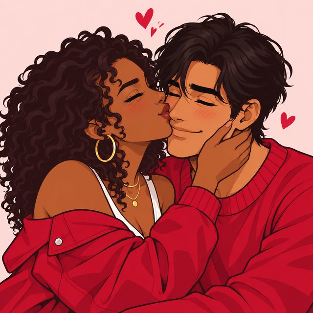 Illustrated couple sharing a kiss