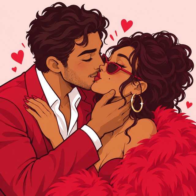 Illustrated couple sharing a kiss