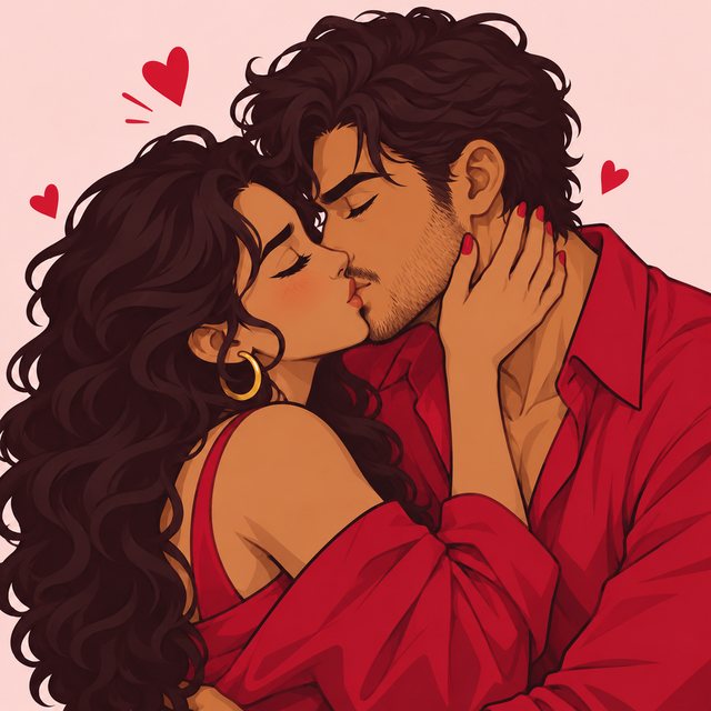 Illustrated couple sharing a kiss