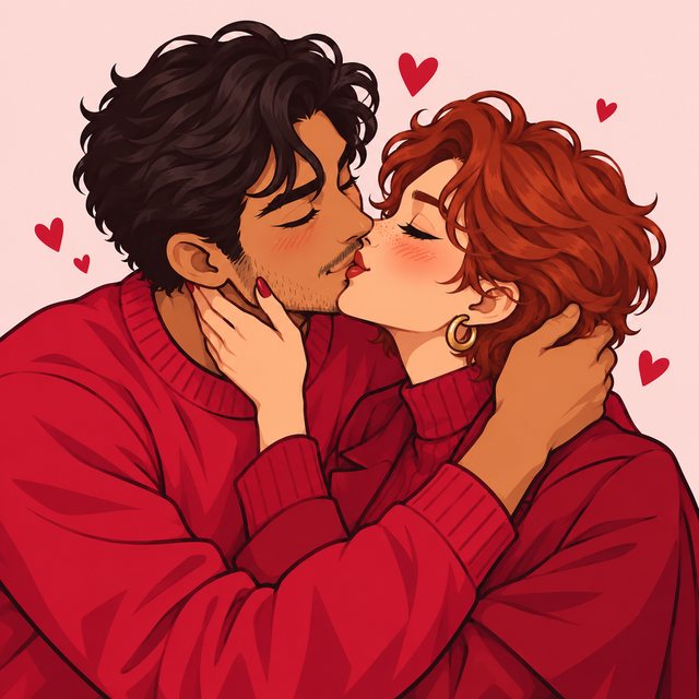 Illustrated couple sharing a kiss