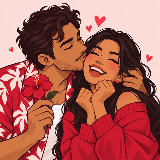 Illustrated couple sharing a kiss