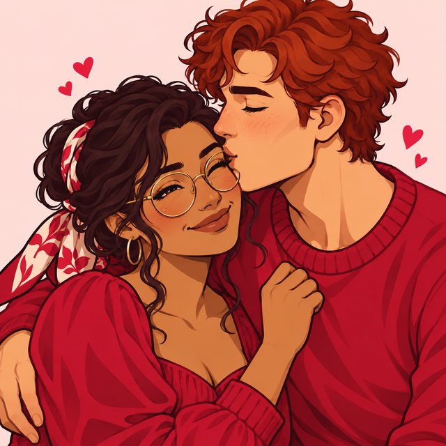 Illustrated couple sharing a kiss